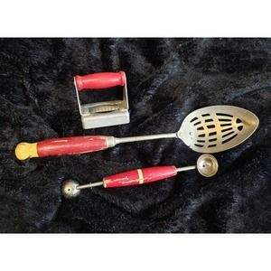 Vintage set utensils Ekco A&J red wood handle slotted spoon melon baller sealer